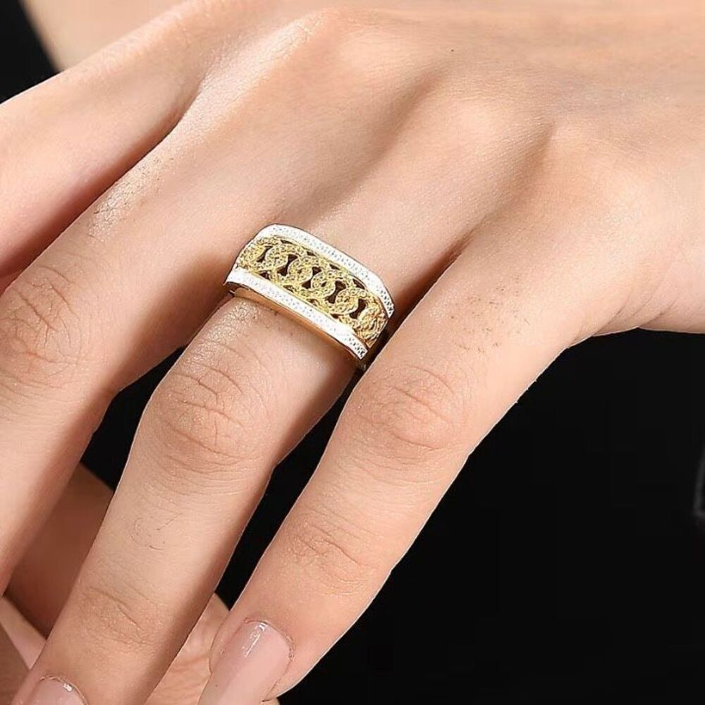 18K Gold Vermeil Curb Ring with Yellow Diamond Accents– Bold Texture, Luxe Shine